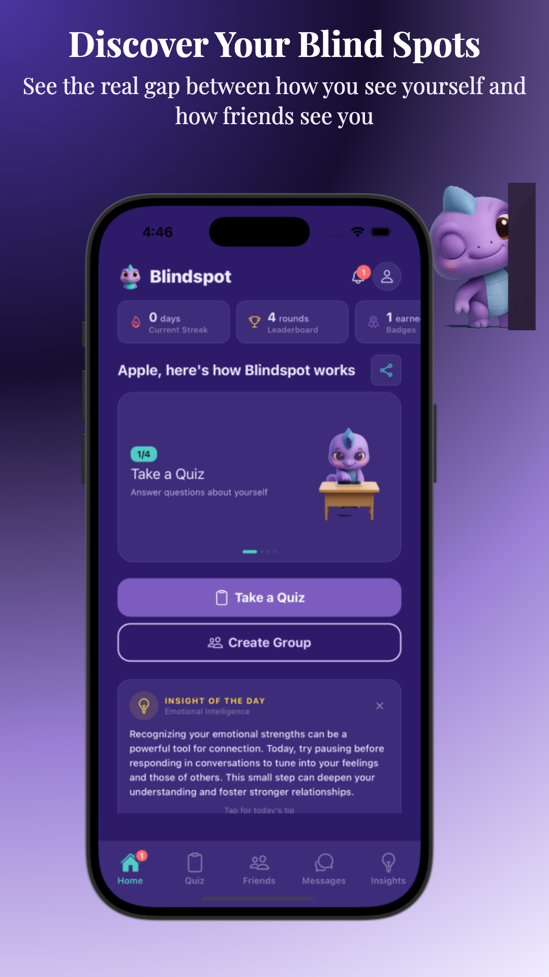 Blindspot quiz feature and group creation options