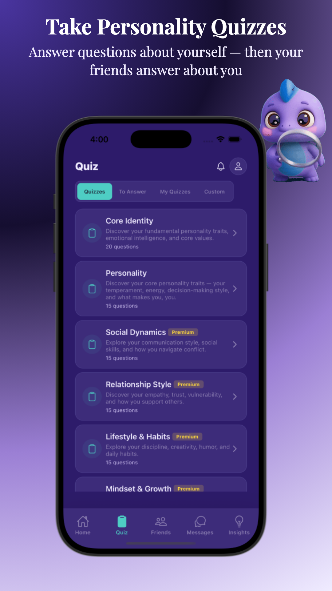 Blindspot personality quiz categories selection screen