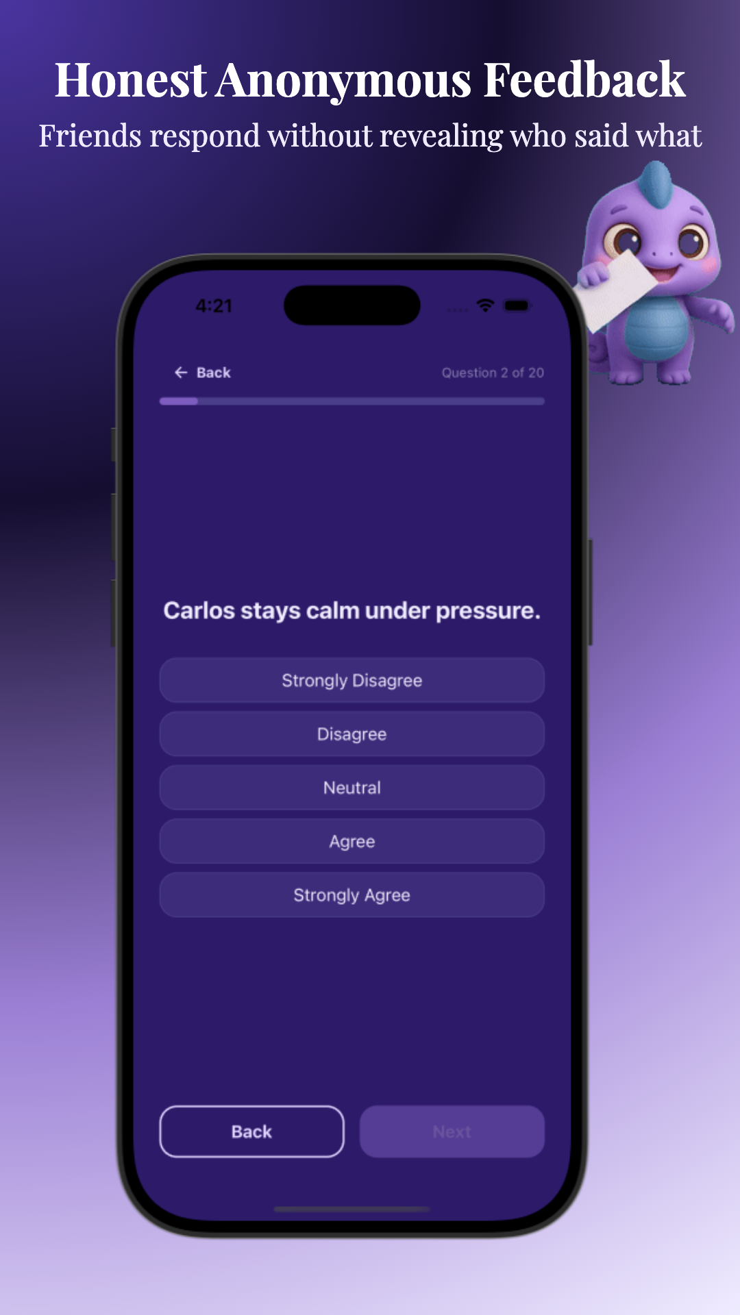 Anonymous feedback survey question screen